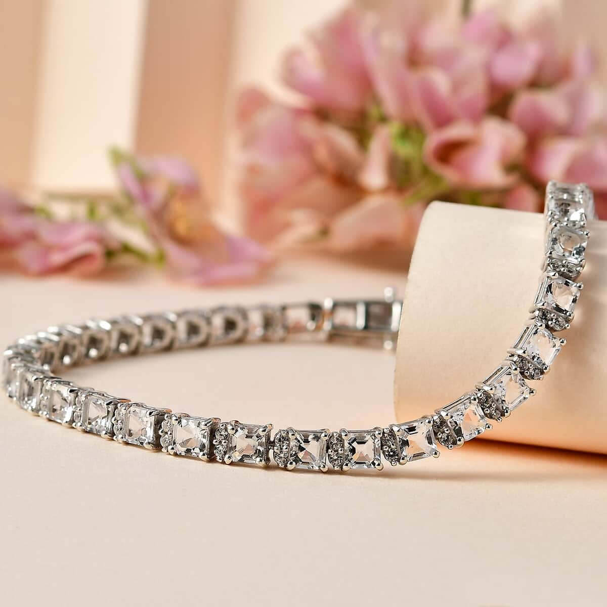 Asscher Cut Mexican Hyalite Opal and White Zircon Tennis Bracelet in Platinum Over Sterling Silver (6.50 In) with Free UV Flash Light 8.00 ctw image number 1