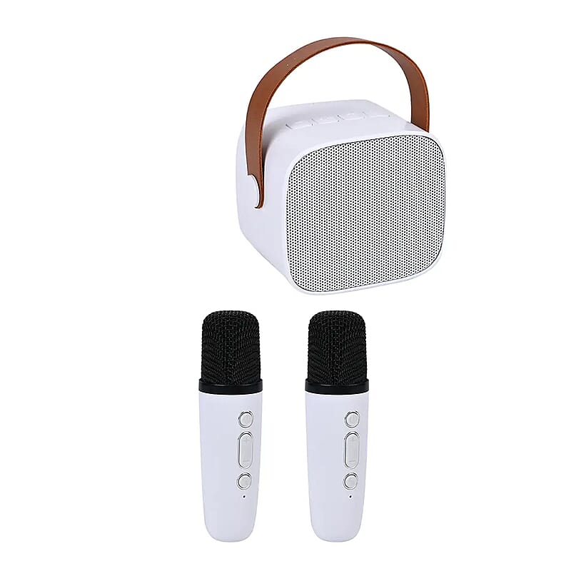 White Mini Speaker with 2 Wireless Microphone with Bluetooth
