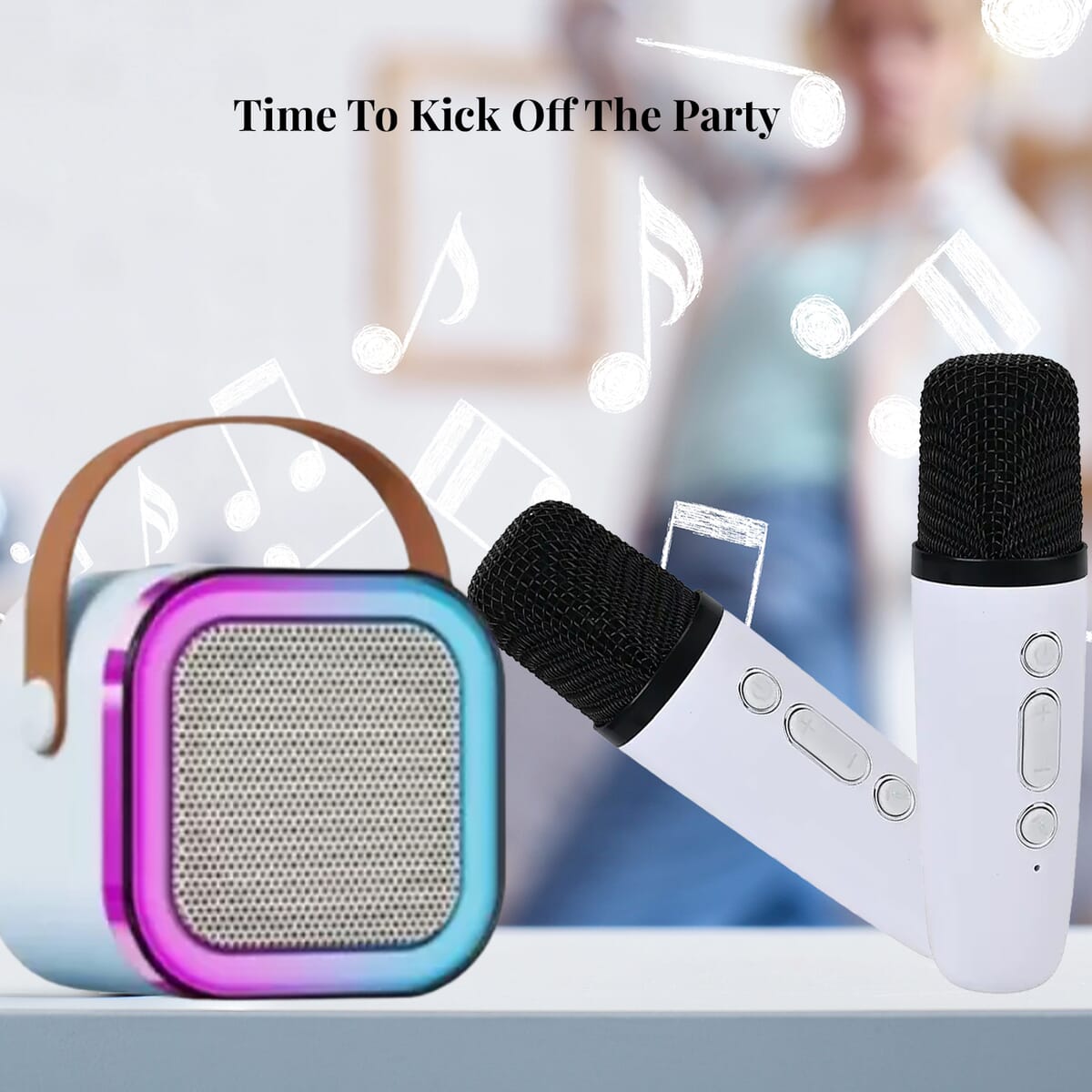 White Mini Speaker with 2 Wireless Microphone with Bluetooth image number 1