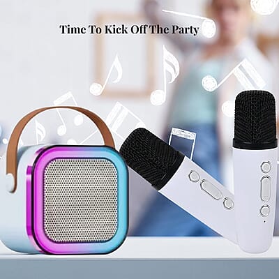 White Mini Speaker with 2 Wireless Microphone with Bluetooth