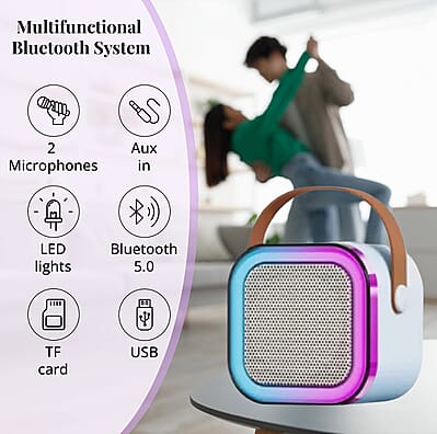 White Mini Speaker with 2 Wireless Microphone with Bluetooth