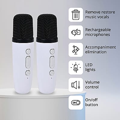 White Mini Speaker with 2 Wireless Microphone with Bluetooth