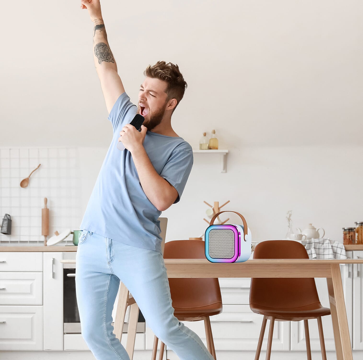 White Mini Speaker with 2 Wireless Microphone with Bluetooth