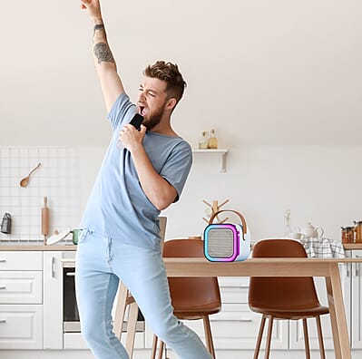 White Mini Speaker with 2 Wireless Microphone with Bluetooth