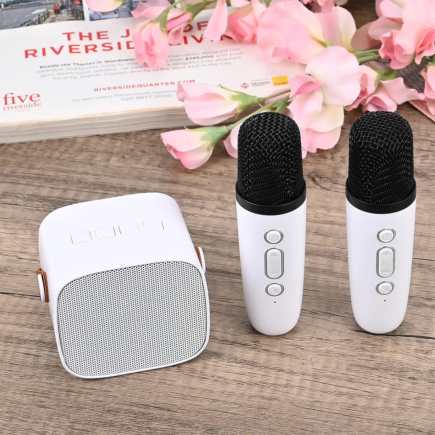 White Mini Speaker with 2 Wireless Microphone with Bluetooth