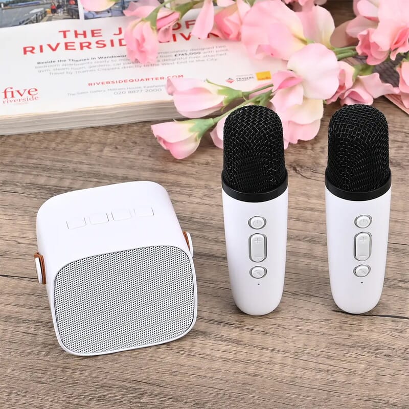 White Mini Speaker with 2 Wireless Microphone with Bluetooth