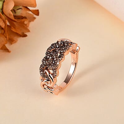 GP Champagne Diamond and Kanchanaburi Blue Sapphire ROUND 0.50 ctw Fancy Ring in Vermeil Rose Gold Over Sterling Silver (Size 10.0) (5.34 g)