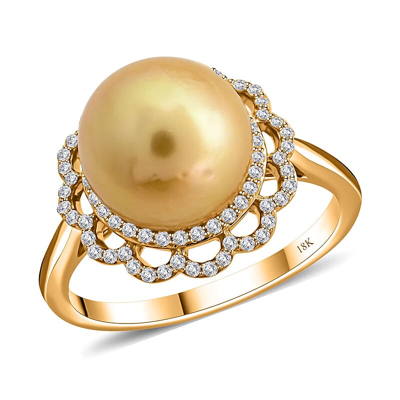Certified & Appraised Iliana 18K Yellow Gold AAA South Sea Golden Pearl and G-H SI Diamond Ring (Size 10.0) 4.05 Grams 0.31 ctw
