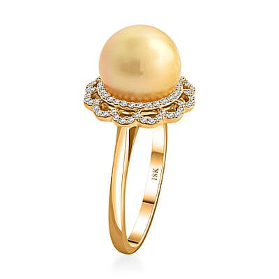 Certified & Appraised Iliana 18K Yellow Gold AAA South Sea Golden Pearl and G-H SI Diamond Ring (Size 10.0) 4.05 Grams 0.31 ctw