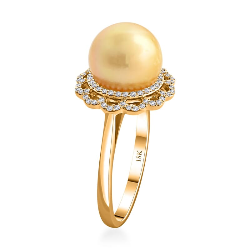 Certified & Appraised Iliana 18K Yellow Gold AAA South Sea Golden Pearl and G-H SI Diamond Ring (Size 10.0) 4.05 Grams 0.31 ctw