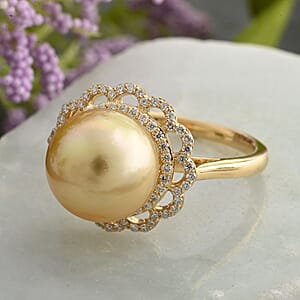 Certified & Appraised Iliana 18K Yellow Gold AAA South Sea Golden Pearl (9-9.5mm), Diamond (SI) Ring (Size 5.5) (4.05 g) 0.31 ctw