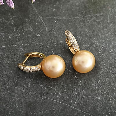 Certified & Appraised Iliana 18K Yellow Gold AAA South Sea Golden Pearl and G-H SI Diamond Earrings 0.24 ctw