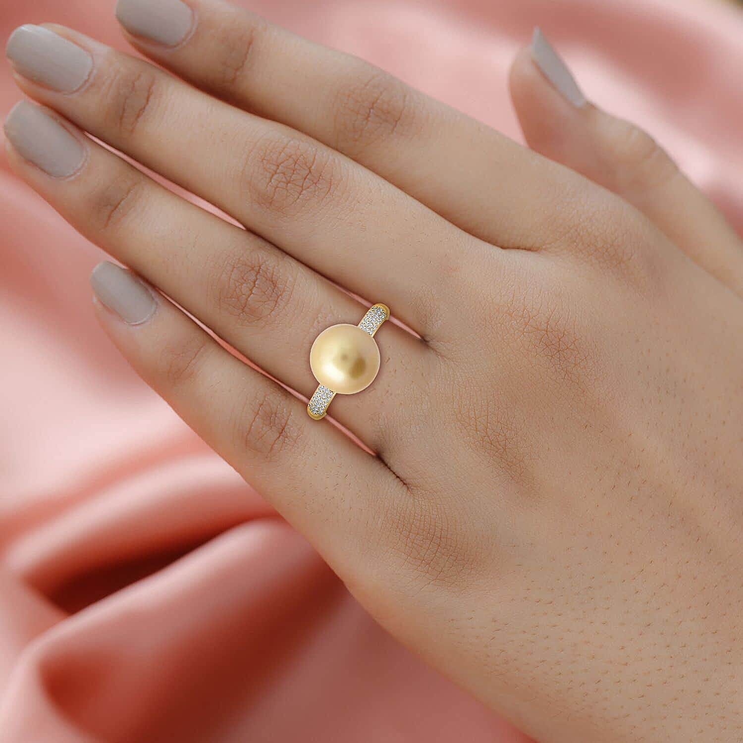 Certified & Appraised Iliana 18K Yellow Gold AAA South Sea Golden Pearl and G-H SI Diamond 0.19 ctw Ring (Size 10.0)