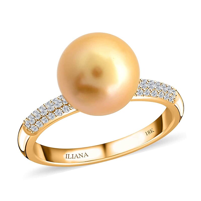 18K Yellow Gold  AAA   Golden South Sea Pearl ,  White Diamond  SI Ring ,  Gold Wt. 3.58 g 7.35 ctw