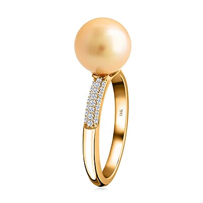 18K Yellow Gold  AAA   Golden South Sea Pearl ,  White Diamond  SI Ring ,  Gold Wt. 3.58 g 7.35 ctw