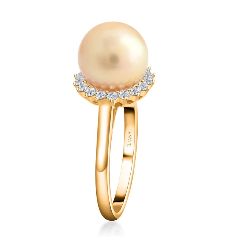 Certified & Appraised Iliana 18K Yellow Gold AAA South Sea Golden Pearl and G-H SI Diamond Ring (Size 10.0) 0.33 ctw