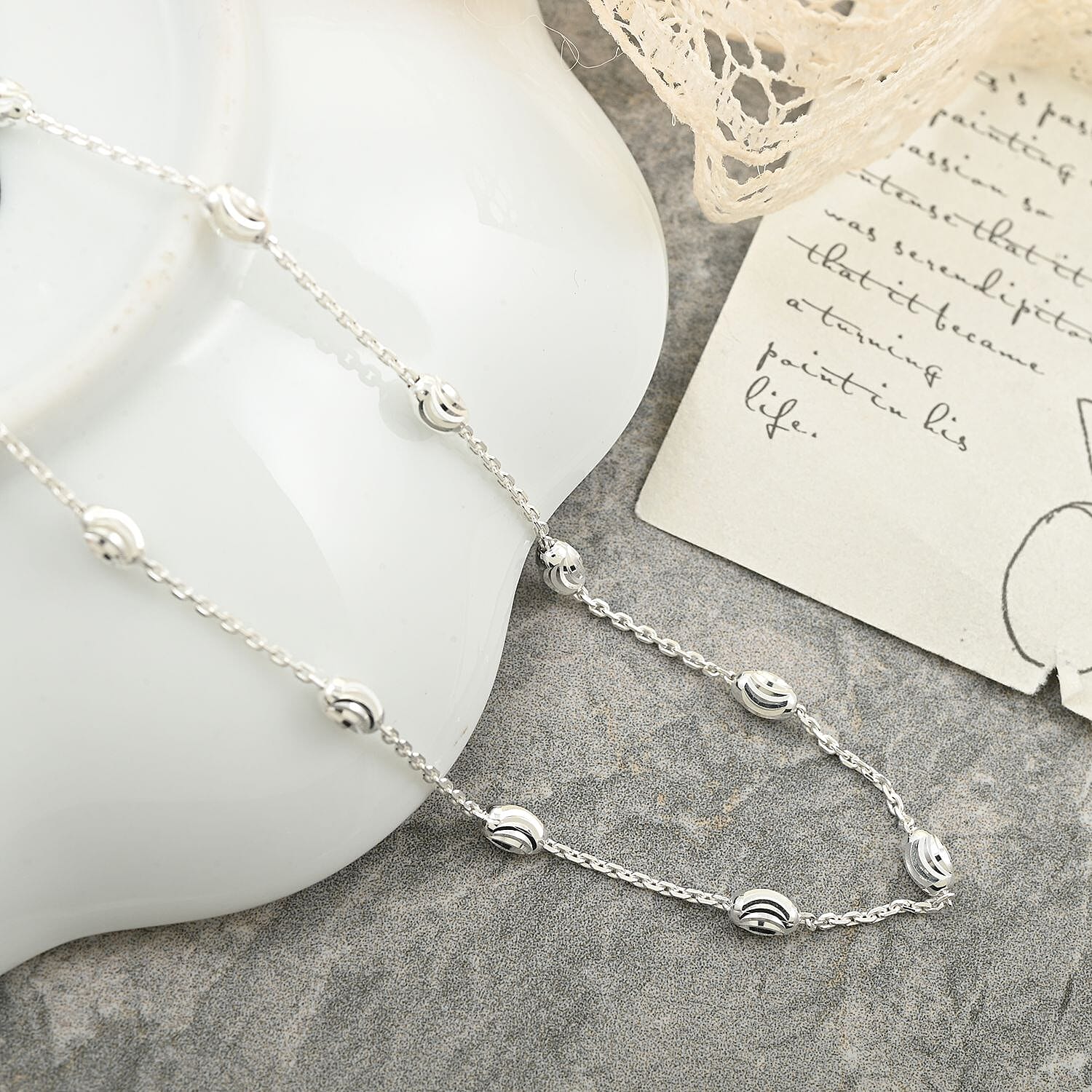 Sterling Silver 3mm Station Oval Moon Necklace 24 Inches 5.40 Grams