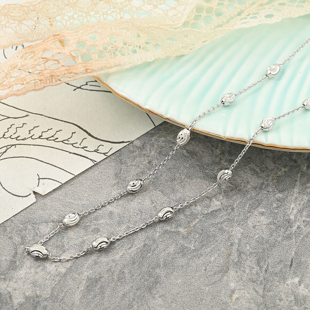 Rhodium Over Sterling Silver 3mm Station Oval Moon Necklace 24 Inches 5.40 Grams image number 1