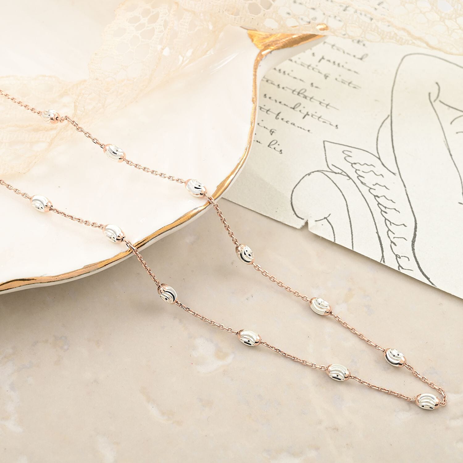 14K Rose Gold Over and Sterling Silver 3mm Station Oval Moon Necklace 24 Inches 5.40 Grams