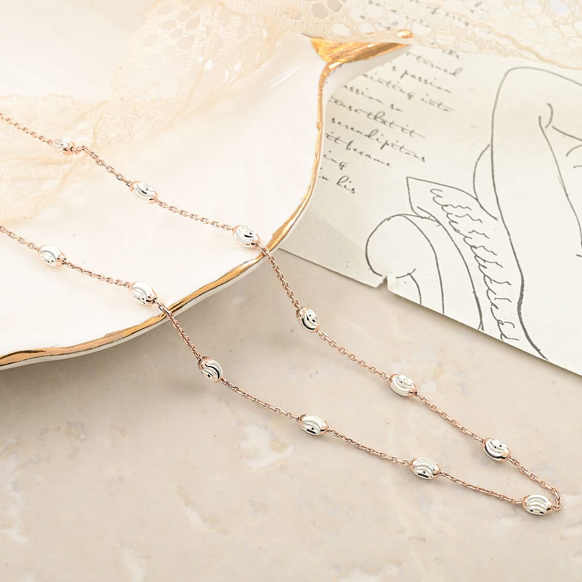 14K Rose Gold Over and Sterling Silver 3mm Station Oval Moon Necklace 24 Inches 5.40 Grams image number 1