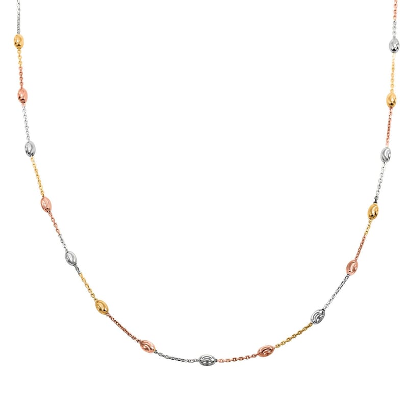 14K RG, YG Over and Sterling Silver 3mm Station Oval Moon Necklace 24 Inches 5.40 Grams