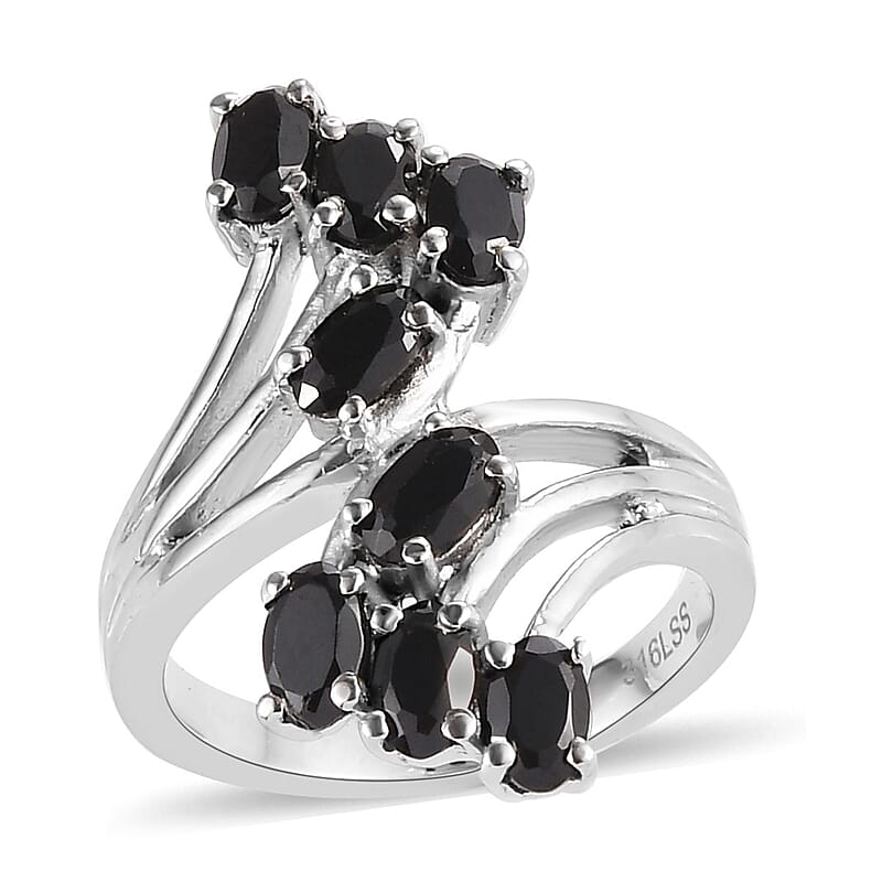 Thai Black Spinel Bypass Ring in Stainless Steel (Size 10.0) 2.50 ctw