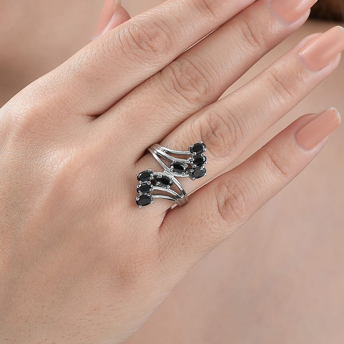 Thai Black Spinel Bypass Ring in Stainless Steel (Size 10.0) 2.50 ctw image number 2