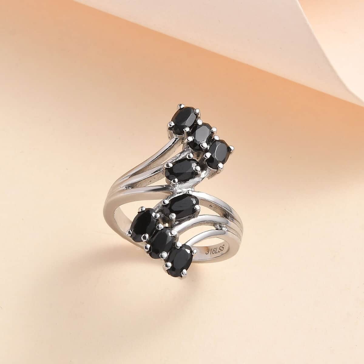 Thai Black Spinel Bypass Ring in Stainless Steel (Size 5.0) 2.50 ctw image number 1