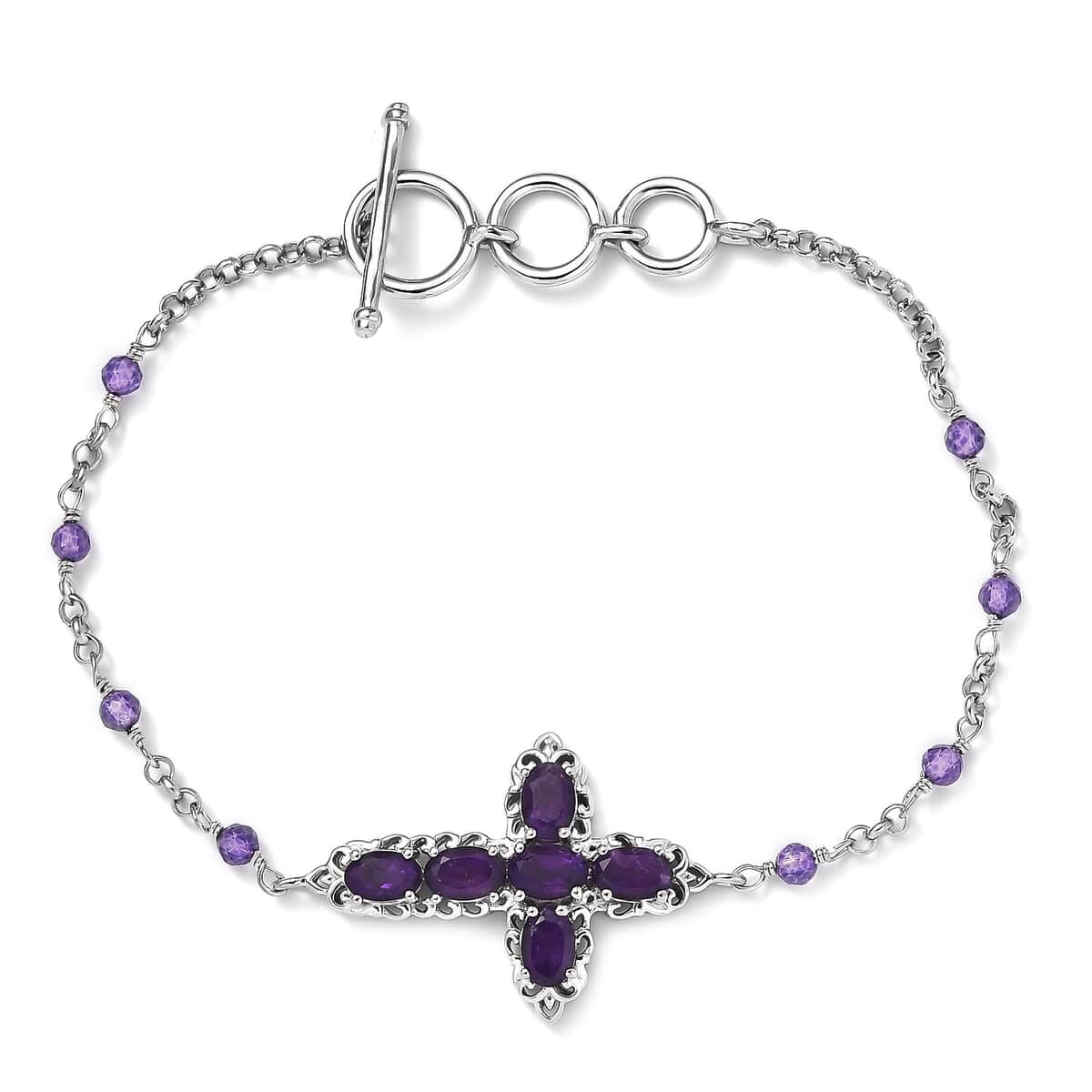 Karis African Amethyst Cross Bracelet in Platinum Bond (6.50-8.00In) 4.40 ctw image number 0