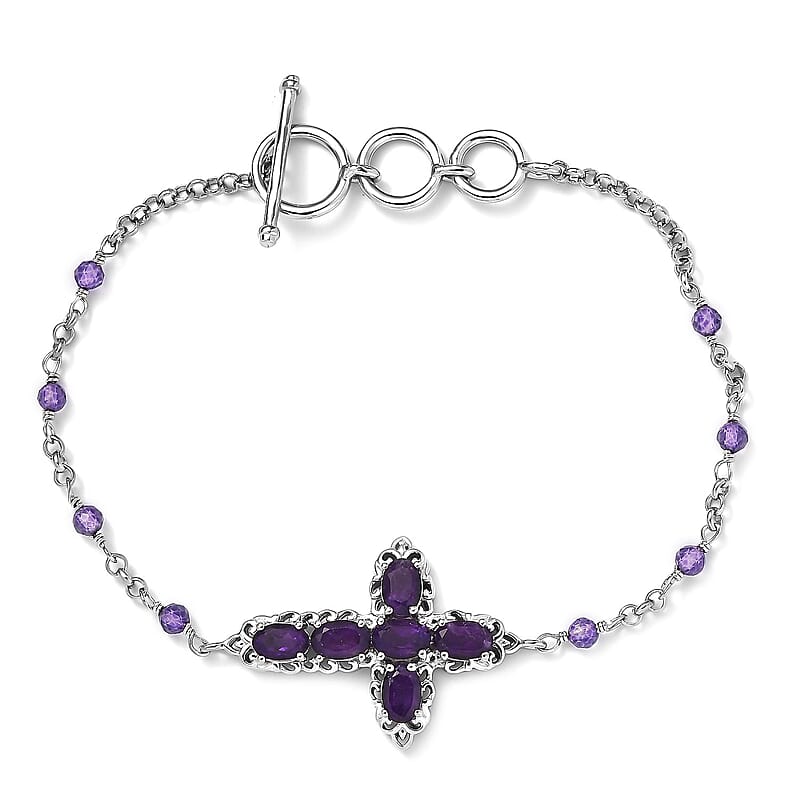 Karis African Amethyst Cross Bracelet in Platinum Bond (6.50-8.00In) 4.40 ctw