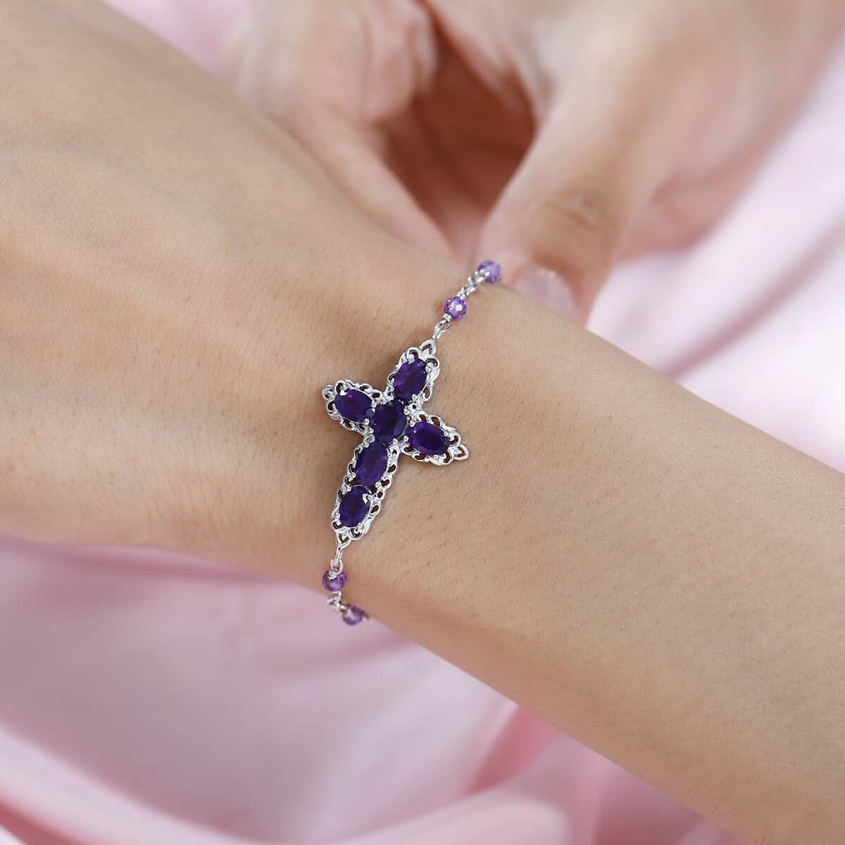 Karis African Amethyst Cross Bracelet in Platinum Bond (6.50-8.00In) 4.40 ctw image number 2