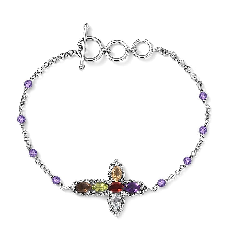 EverTrue Multi Gemstone Cross Bracelet in Platinum Bond (6.50-8.00In) 4.50 ctw