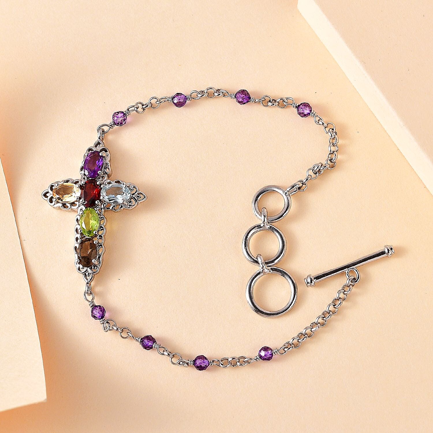 EverTrue Multi Gemstone Cross Bracelet in Platinum Bond (6.50-8.00In) 4.50 ctw