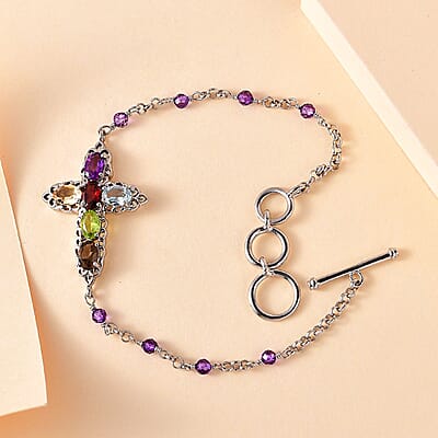 EverTrue Multi Gemstone Cross Bracelet in Platinum Bond (6.50-8.00In) 4.50 ctw
