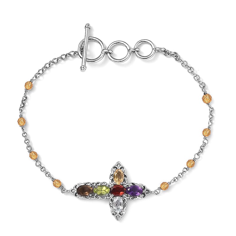 Karis Multi Gemstone Cross Bracelet in Platinum Bond (6.50-8.00In) 4.80 ctw