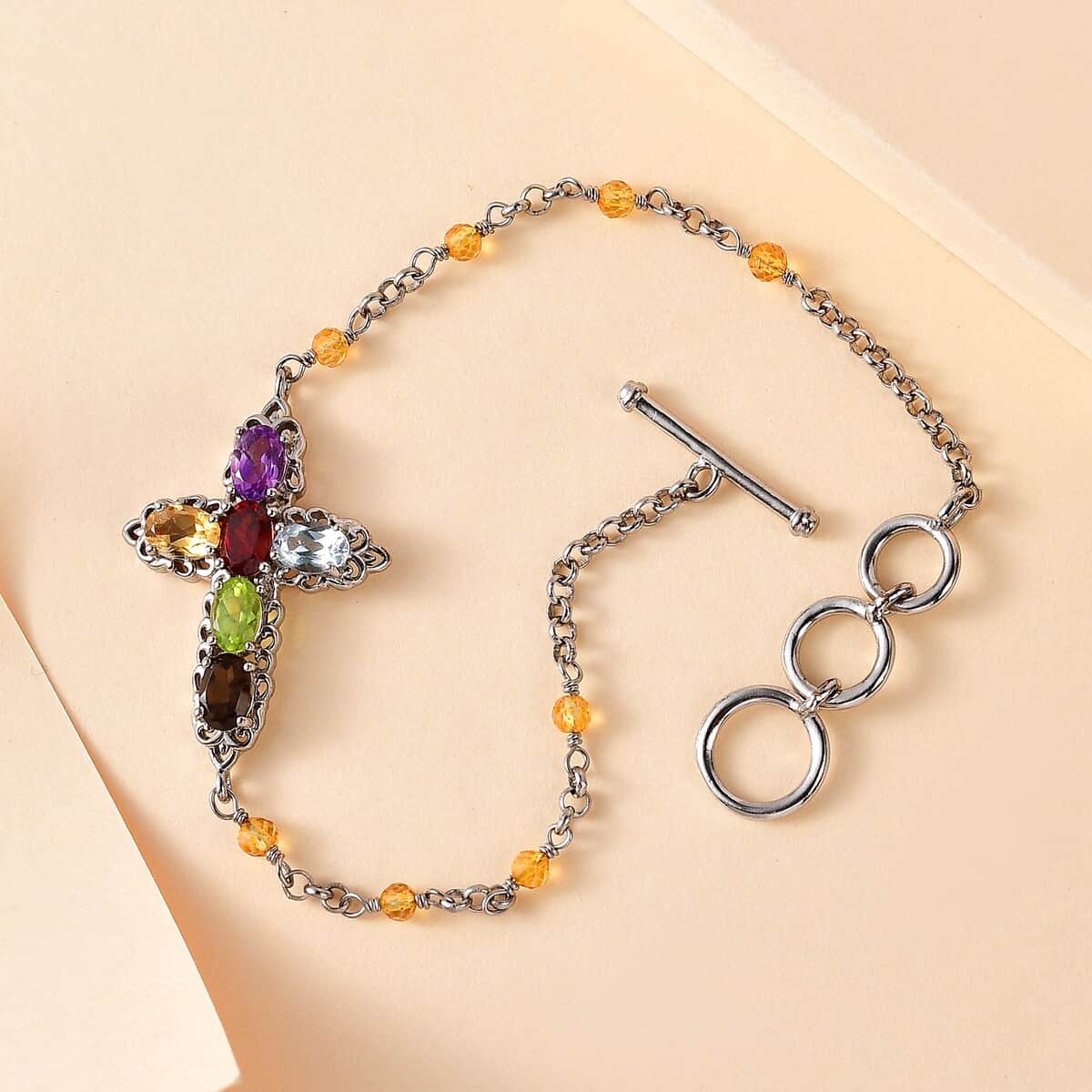 Karis Multi Gemstone Cross Bracelet in Platinum Bond (6.50-8.00In) 4.80 ctw image number 1