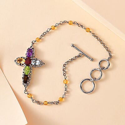 Karis Multi Gemstone Cross Bracelet in Platinum Bond (6.50-8.00In) 4.80 ctw