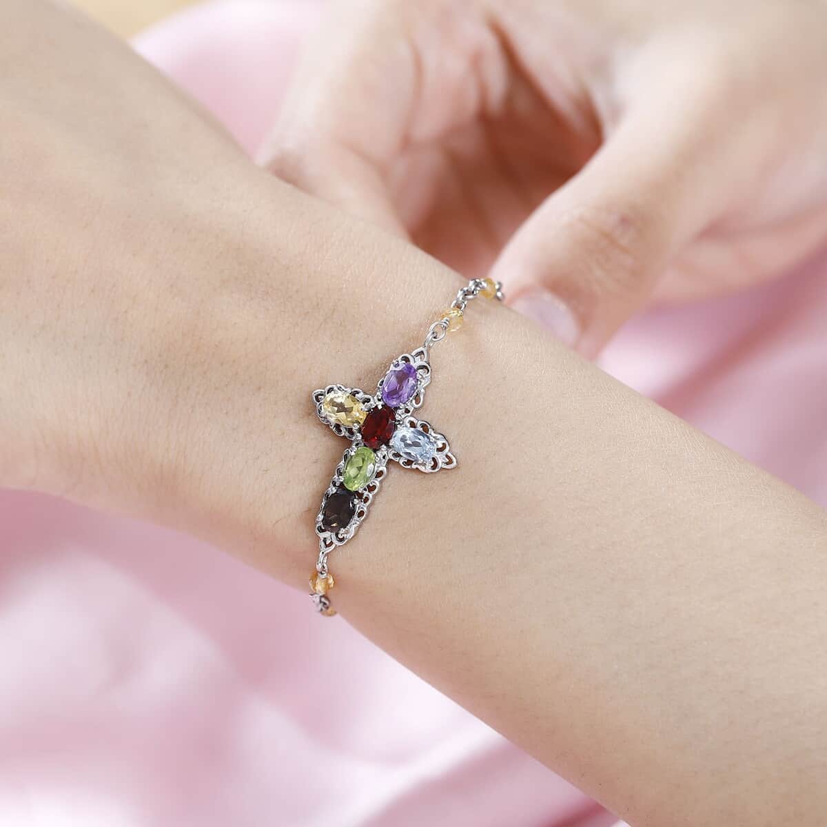 Karis Multi Gemstone Cross Bracelet in Platinum Bond (6.50-8.00In) 4.80 ctw image number 2