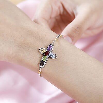 Karis Multi Gemstone Cross Bracelet in Platinum Bond (6.50-8.00In) 4.80 ctw