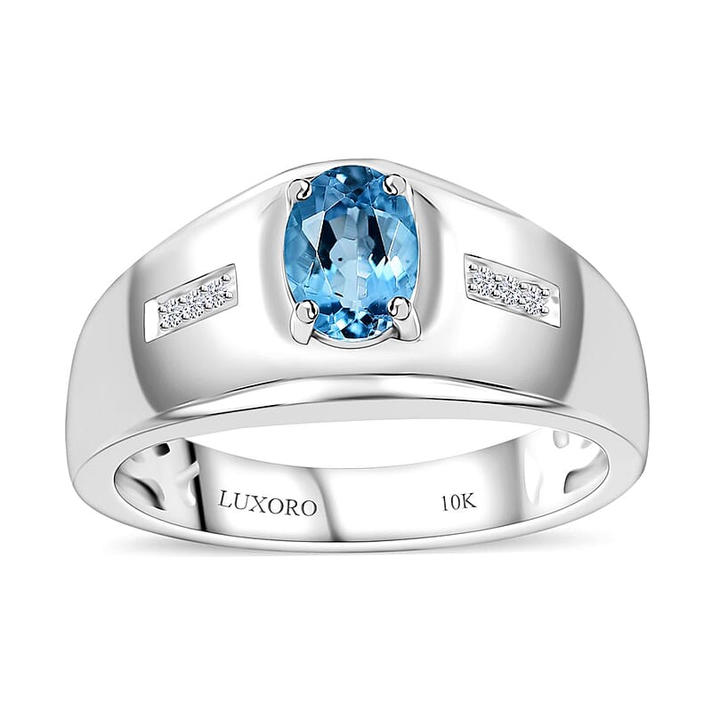 Luxoro 10K White Gold Premium Santa Maria Aquamarine and G-H I2 Diamond Men's Ring (Size 10.0) 0.65 ctw