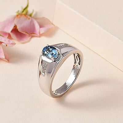 Luxoro 10K White Gold Premium Santa Maria Aquamarine and G-H I2 Diamond Men's Ring (Size 10.0) 0.65 ctw
