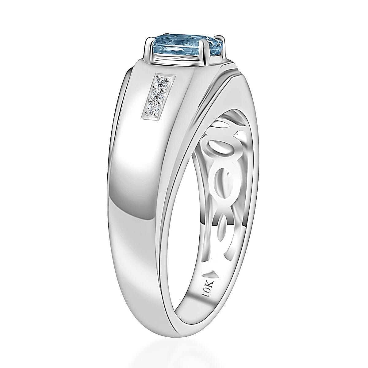 Luxoro 10K White Gold Premium Santa Maria Aquamarine and G-H I2 Diamond Men's Ring (Size 10.0) 0.65 ctw