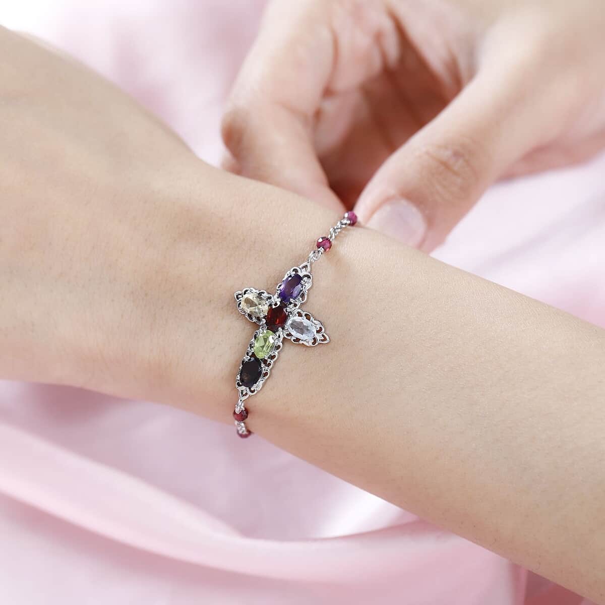 Karis Multi Gemstone Cross Bracelet in Platinum Bond (6.50-8.00In) 5.80 ctw image number 2