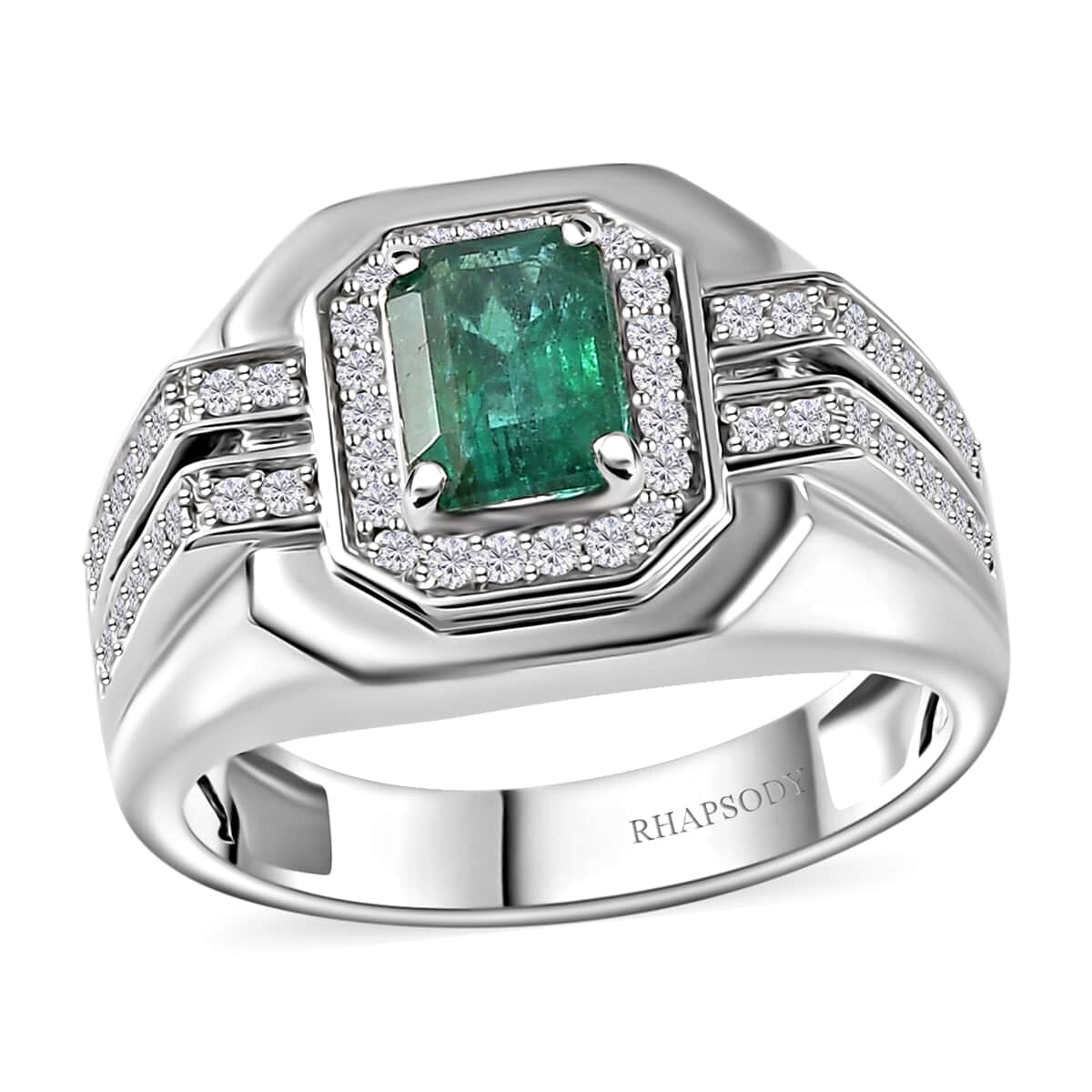 Rhapsody 950 Platinum AAAA Kagem Zambian Emerald and E-F VS2 Diamond Men's Ring (Size 10.0) 14.50 Grams 2.00 ctw image number 0