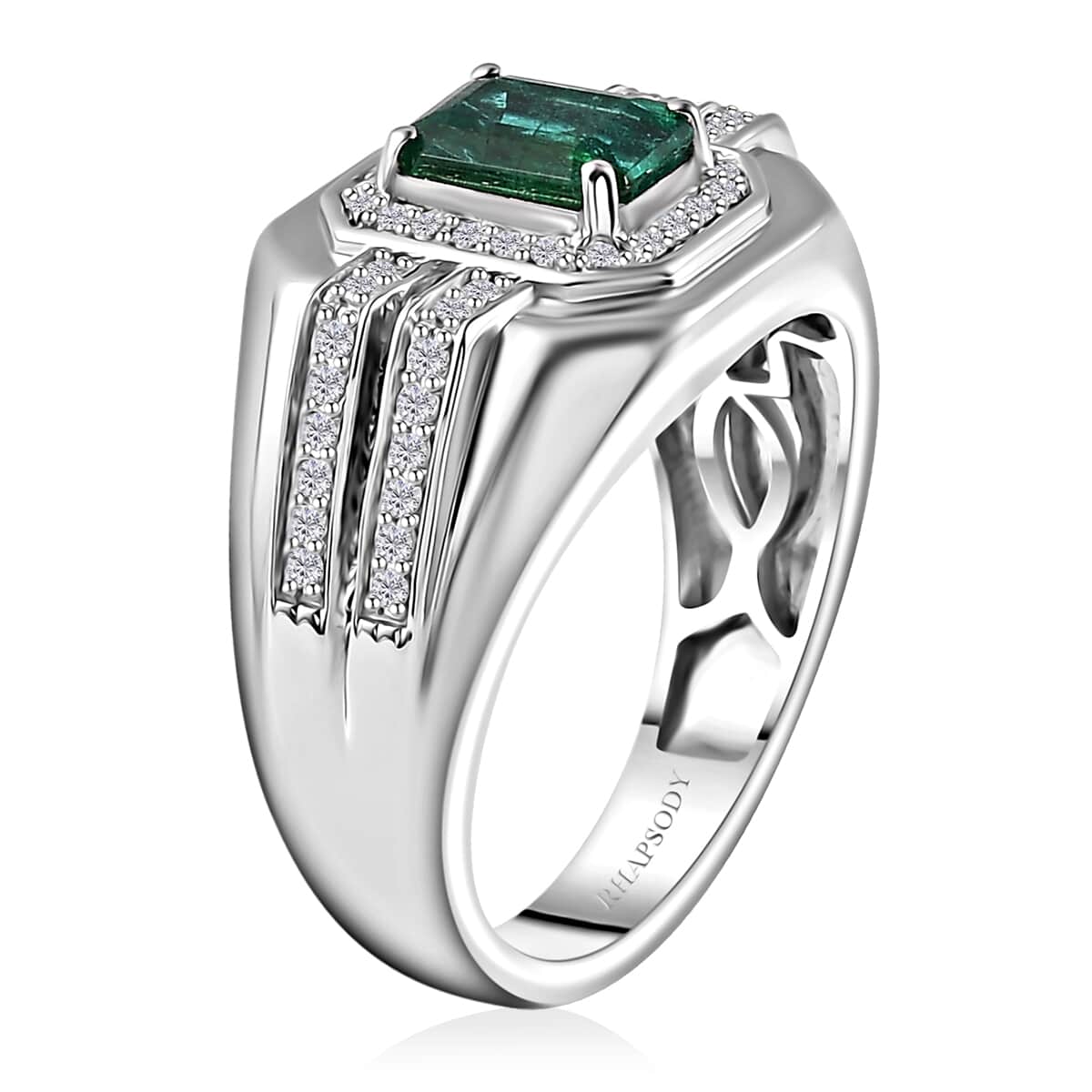 Rhapsody 950 Platinum AAAA Kagem Zambian Emerald and E-F VS2 Diamond Men's Ring (Size 10.0) 14.50 Grams 2.00 ctw image number 4