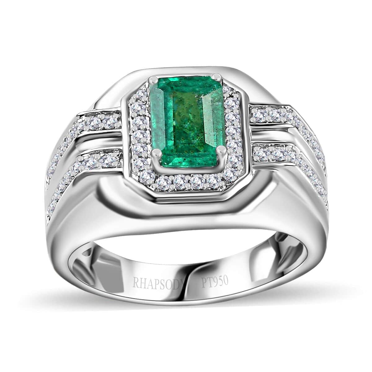 Rhapsody 950 Platinum AAAA Kagem Zambian Emerald and E-F VS Diamond Men's Ring (Size 9.0) 14.50 Grams 2.00 ctw image number 0