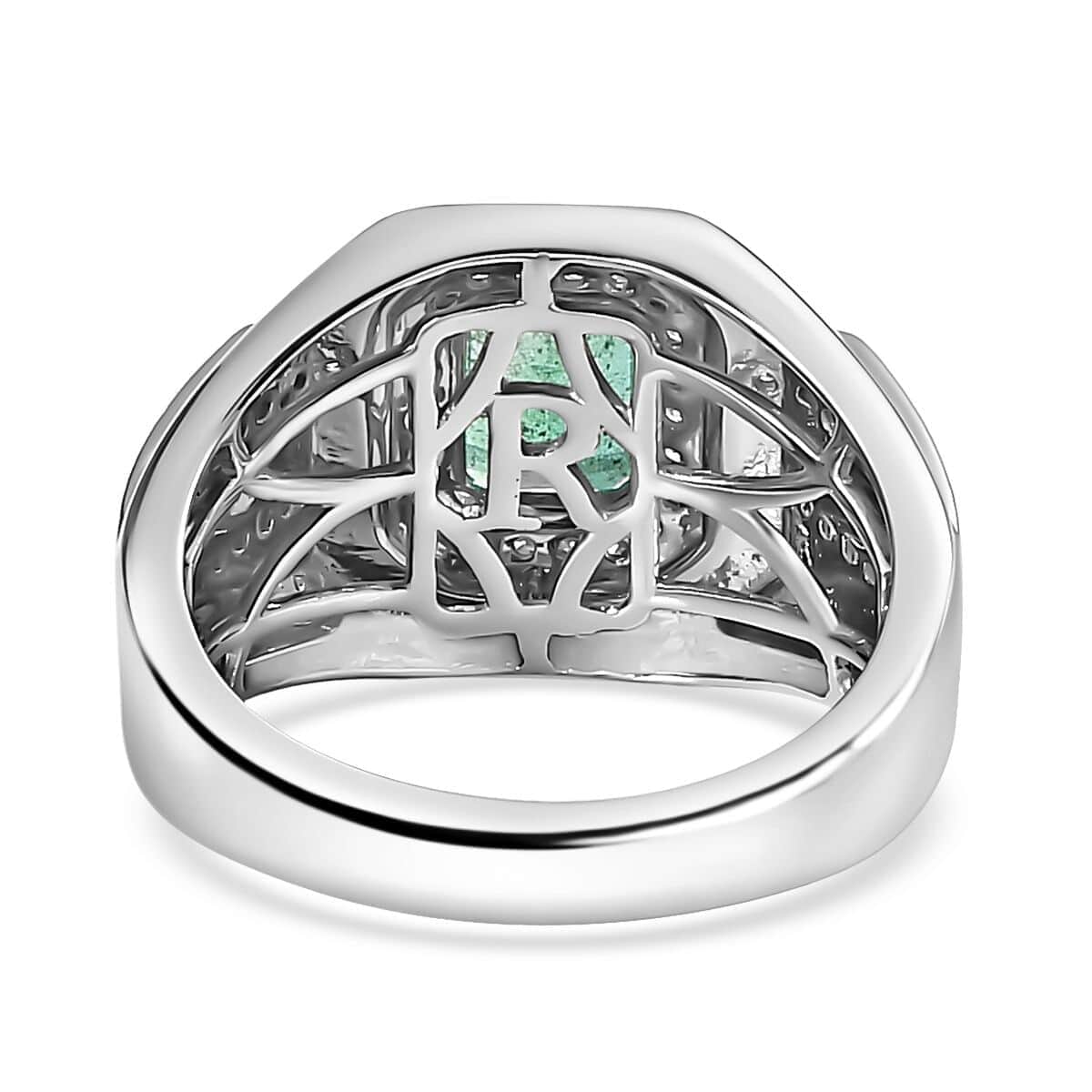 Rhapsody 950 Platinum AAAA Kagem Zambian Emerald and E-F VS Diamond Men's Ring (Size 9.0) 14.50 Grams 2.00 ctw image number 4