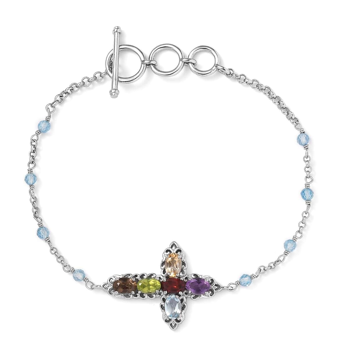 Karis Multi Gemstone Cross Bracelet in Platinum Bond (6.50-8.00In) 6.60 ctw image number 0