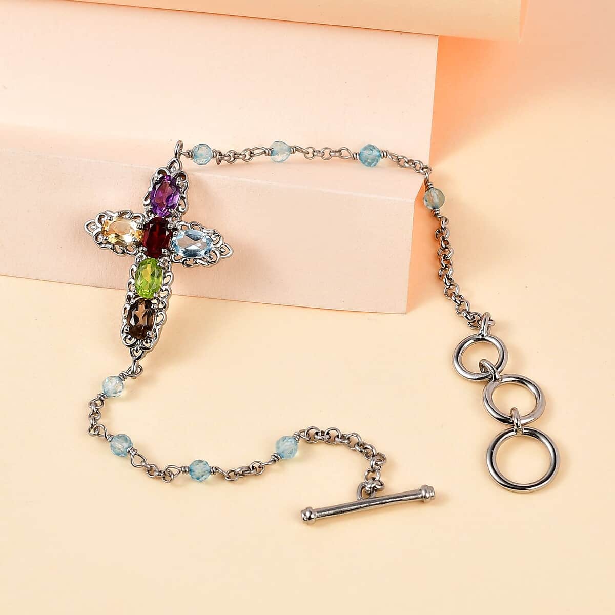 Karis Multi Gemstone Cross Bracelet in Platinum Bond (6.50-8.00In) 6.60 ctw image number 1