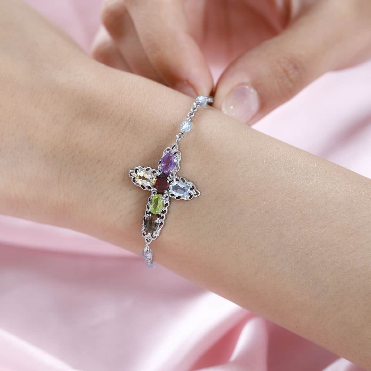 Karis Multi Gemstone Cross Bracelet in Platinum Bond (6.50-8.00In) 6.60 ctw image number 2